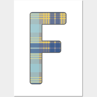 Monogram Letter F, Blue, Yellow and Grey Scottish Tartan Style Typography Design Posters and Art